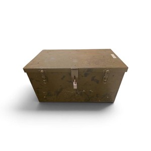 vintage U.S. military olive drab equipment storage chest or footlocker, likely dating from the mid-20th century