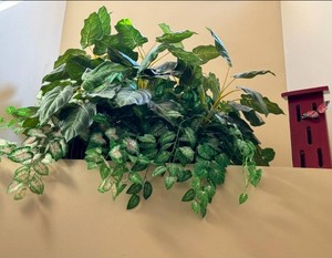 Large Faux Plant in Basket & Birdhouse