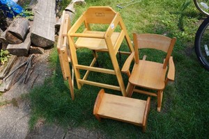 Wooden High Chair, Rocking Chair, Doll Bed and Table