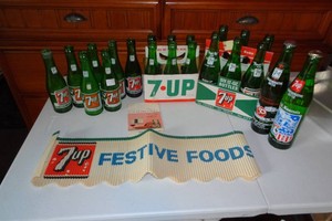 Vintage 7-UP Glass Bottles and Banner