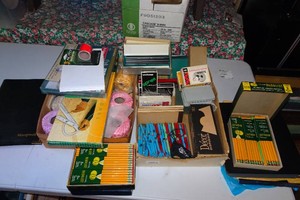 Assorted Craft and Office Supplies - Pencils, Tape, Pens, Stamp Pads