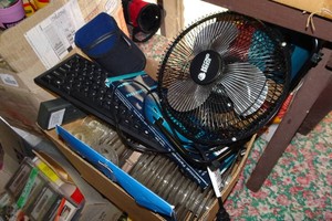 Assorted Electronics- Keyboard, Fan, Reel to Reel Spools