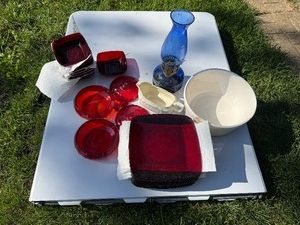 Assorted Glassware - Oil Lamp, Ruby Red Plates