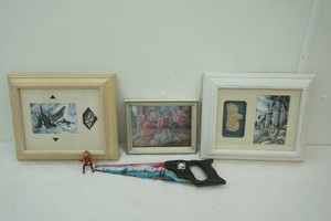 Jody Bergsma Artwork hand painted saw, Vintage Royal Canadian Mounted Police Toy