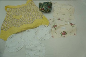 Vintage apron, vintage kleenex covers, doilies