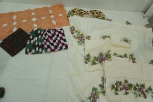 vintage doilies, table covers, hot pads, curtains and more