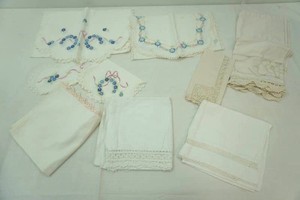 vintage embroidered and lace linens and curtains
