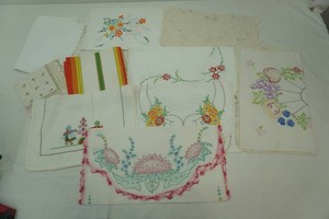 vintage embroidered and lace linens, doilies, table covers