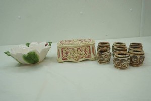 Vintage CeramicPorcelain Trinket Box, Pottery Napkin Rings, Ceramic Daisey Bowl