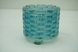 light blue woven glass block candle holder 3 tall