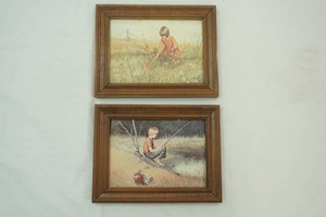 2 vintage mid 20th century nostalgic Americana boy fishing and girl picking flowers in 5 x 7 wood frames