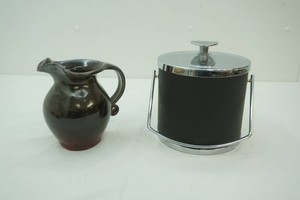 Vintage Salt Glaze Pottery Pitcher Vintage MCM Black Leatherette and chrome ice bucket