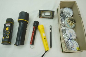 Vintage Buttons, Flashlights, Die Cast Car, Tire Pressure Gauge