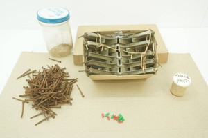 Vintage Iron Nails, Framing Jigs, Vintage Miracle Whip Jar, Dial Timer Stop & Go Indicators