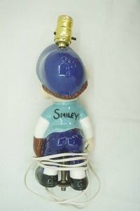 Vintage 1970s hand painted ceramic Smiley Baseball Player Lamp