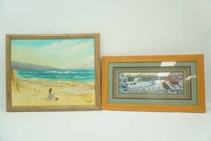 wall decor including a Cardinal print by Kim Norlean and an oil on board beach scene b Simonson