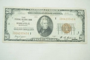 1929 $20.00 bill Federal Reserve Bank of Minneapolis Minnesota, distincr brown Treasury Seal with President Andrew Jackson Serial #I00419540A