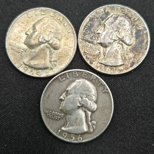 Lot of 3 Washington 90% Silver Quarters  1956-D, 1961-D & 1964-D  Denver Mint U.S. Coins