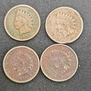 Lot of 4 Indian Head Cents  1859, 1862, 1863 & 1907  First-Year & Civil War Era Pennies