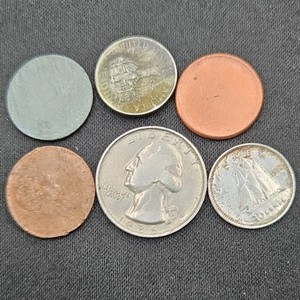 Lot of 6 U.S. Coin Oddities  Blank Planchets, Blistered Dime, Damaged Coins & Dryer Quarter