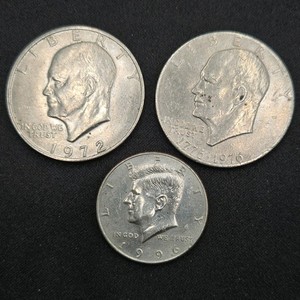 Lot of 3 U.S. Coins  1972 Eisenhower Dollar, 1776-1976 Bicentennial Eisenhower Dollar & 1996 Kennedy Half Dollar