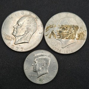 Lot of 3 U.S. Coins  1977 Eisenhower Dollar, 1776-1976 Bicentennial Eisenhower Dollar & 1995 Kennedy Half Dollar