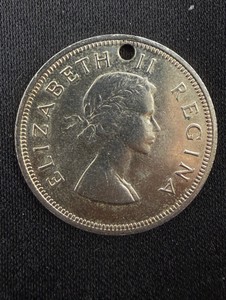 1959 South Africa Elizabeth II 1 Penny  Dromedaris Ship  Holed Coin