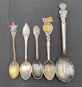 Lot of 5 Vintage Silver or Silverplate Souvenir Spoons  Travel, Enamel & Figural Collector Spoons
