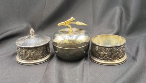 Lot of 3 Silverplate Decorative Serving Pieces  Apple Lidded Bowl & Floral Round Dishes