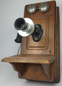 Antique Kellogg Chicago Oak Wall Telephone with Dual Bells & Shelf