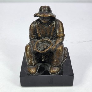 Bronze-Tone Prospector Figurine on Black Base  Seated Gold Miner with Pan