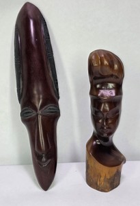 Lot of 2 Hand-Carved African Wood Face Mask & Bust Sculptures