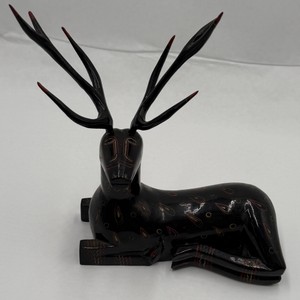 Hand-Painted Black Wood Reclining Deer Stag Figurine with Antlers