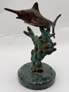 Swordfish Marlin Figurine Sculpture on Coral Reef & Green Stone Base