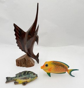 Lot of 3 Decorative Fish Figurines Swordfish & Tropical Fish Sculptures