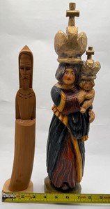 Lot of 2 Hand-Carved Wood Religious Folk Art Figures Madonna & Child