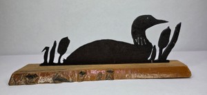 Metal Loon Silhouette Sculpture on Natural Wood Base
