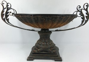 Ornate Metal Pedestal Wicker Basket Centerpiece with Scroll Handles