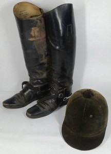 Vintage English Horse Riding Boots & Velvet Equestrian Helmet