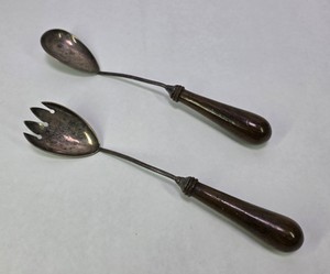 Pair of Vintage Silver-Tone Salad Serving Utensils with Wood Handles
