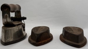 Vintage Asbestos Sad Iron Set with Wooden Handle & 2 No. 1 Iron Bases