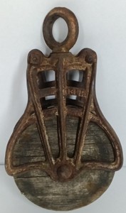 Antique Cast Iron Pulley Block with Wood Sheave