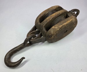 Antique Double Wood Pulley Block with Large Iron Hook