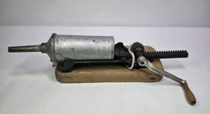 Vintage Hand-Crank Sausage Stuffer Press on Wood Base