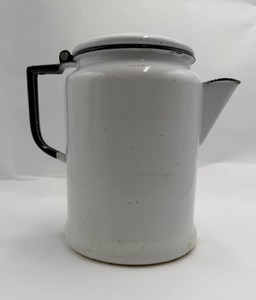 Vintage White Enamelware Coffee Pot with Lid Black Trim