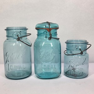 Lot of 3 Vintage Blue Ball Ideal Glass Canning Jars with Wire Bail Lids