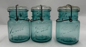 Lot of 3 Vintage Aqua Blue Ball Ideal Wire Bail Glass Canning Jars