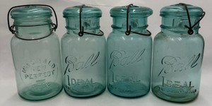 Lot of 4 Vintage Aqua Glass Wire Bail Canning Jars Ball Ideal & Mason Perfect Seal