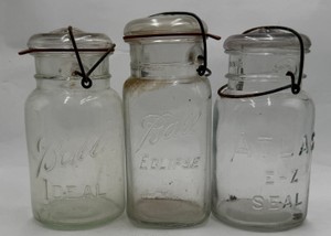 Lot of 3 Vintage Clear Glass Wire Bail Canning Jars Ball Ideal Eclipse & Atlas E-Z Seal