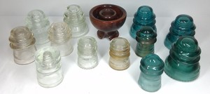 Lot of Vintage Glass & Porcelain Electrical Insulators Hemingray Aqua Clear Brown